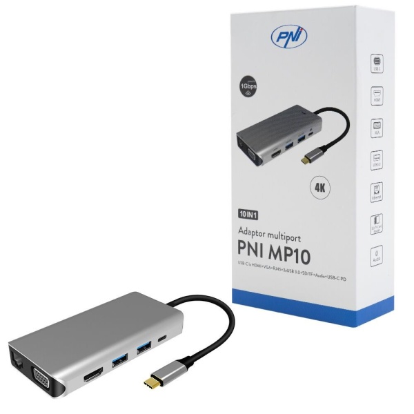 Pni Adaptor Multiport MP10 USB-C La HDMI, VGA, 3 x USB 3.0, SD/TF, RJ45, Audio 3.5, USB-C PD, 10 Iesiri 45506529